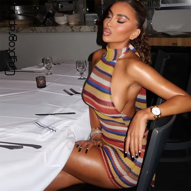 Y2K Backless Halter Mini Dress - Robe Courte Tricotée Rayée à Col