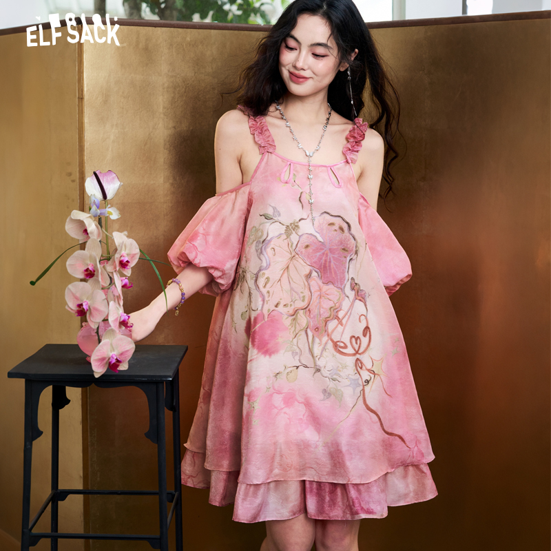 Off Shoulder Puff Sleeve Sundress - ELFSACK Robe en mousseline de soie