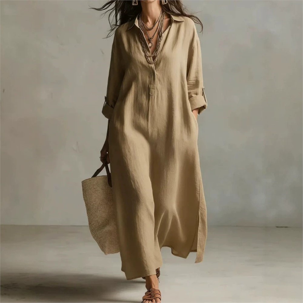Casual Loose Linen Shirt Dress - Robe chemise longue décontractée d'été pour