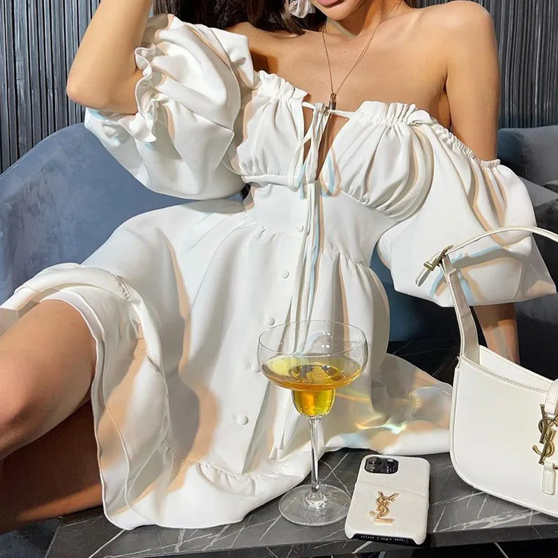 Off Shoulder Puff Sleeve Sundress - Mini robes d'été à épaules dénudées