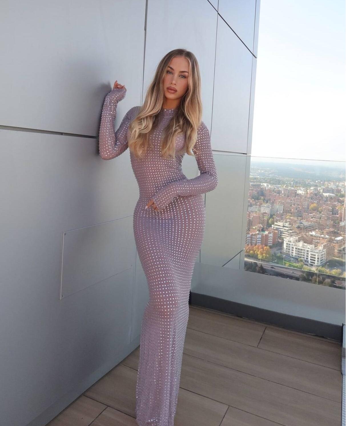 Sparkly Rhinestone Club Party Dress - Robe Longue Transparente en Maille artificiel
