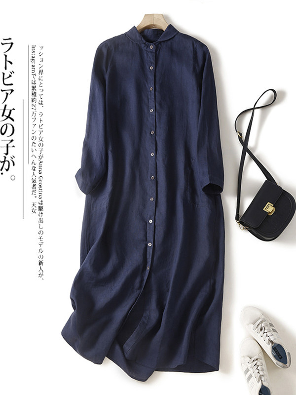 Casual Loose Linen Shirt Dress - Robe chemise décontractée en coton et