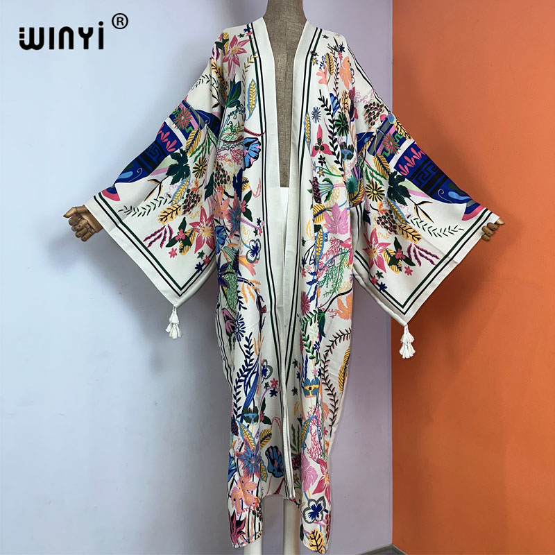 Boho Summer Beach Maxi Dress - WINYI-Cache maillot kimono à manches longues