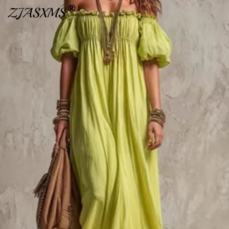 Off Shoulder Puff Sleeve Sundress - Robe longue décontractée pour femme à