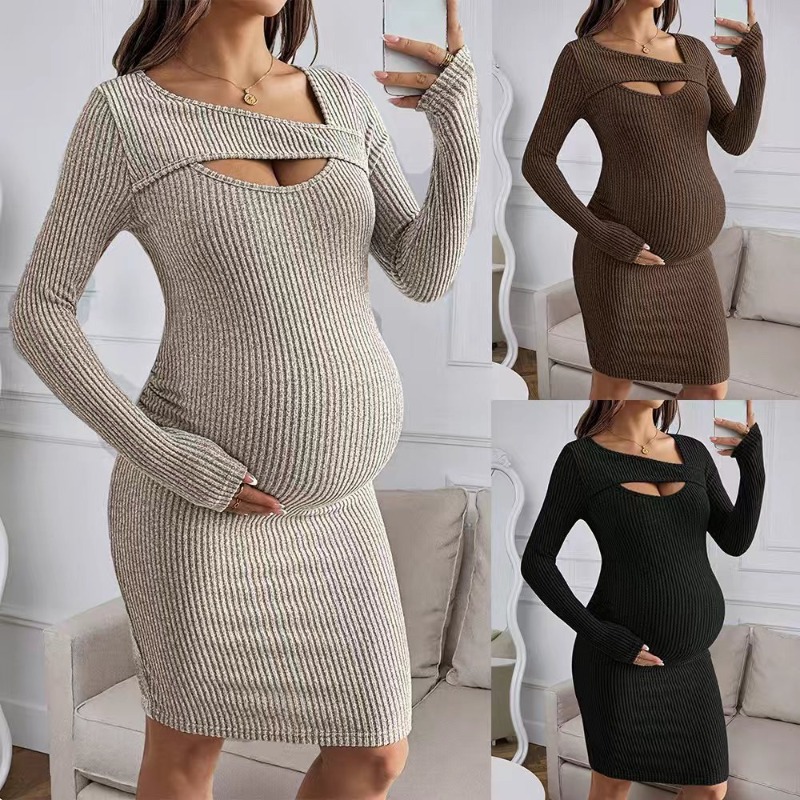 Bodycon Long Sleeve Ribbed Dress - Vêtements de maternité, robe côtelée à