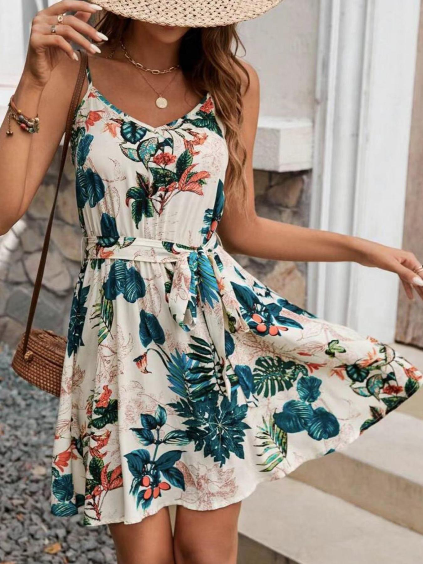 French Vintage Floral Midi Dress - Robe ceinturée de style bohème pour