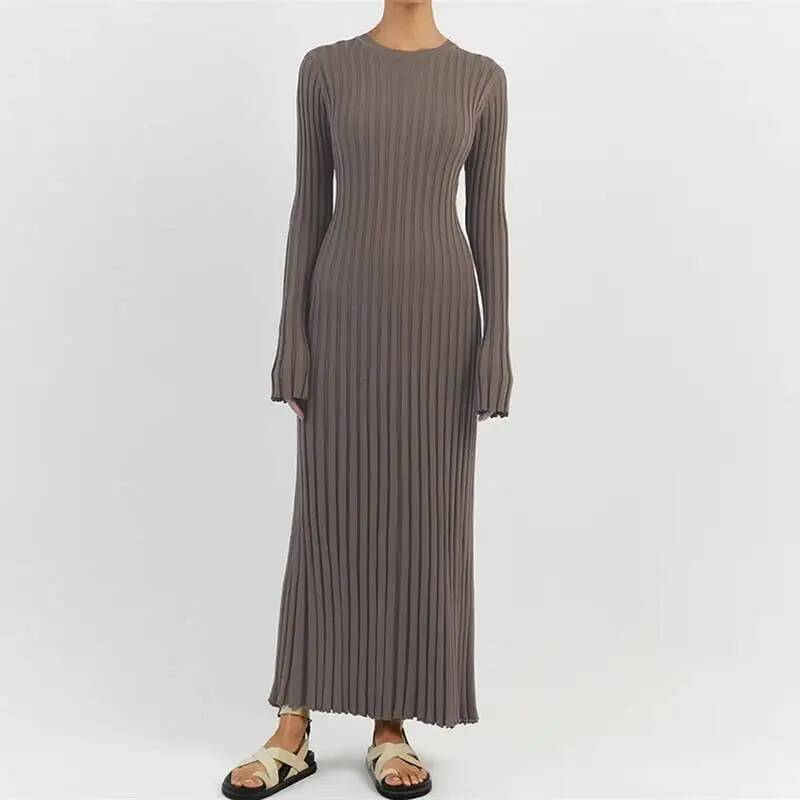 Bodycon Long Sleeve Ribbed Dress - Robe longue moulante élégante pour femme