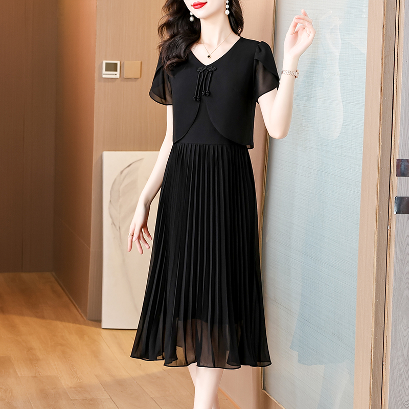 French Vintage Floral Midi Dress - Robe mi-longue plissée en mousseline de