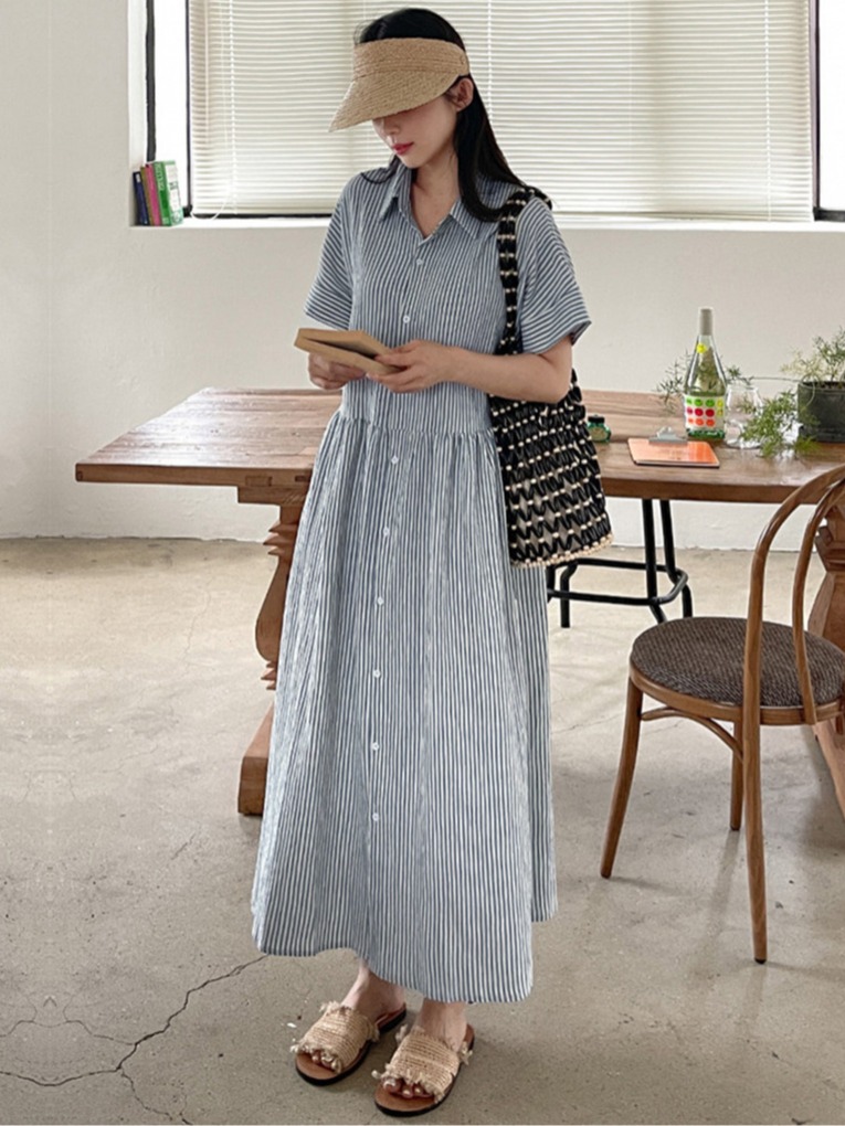 Robe chemise rayée ample style - Korean Style A Line Shirt Dress avis et prix