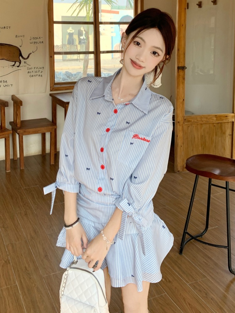 Robe chemise rayée décontracté - Korean Style A Line Shirt Dress avis et prix