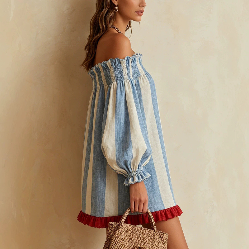 Robe courte ample bohème pour  - Off Shoulder Puff Sleeve Sundress avis et prix