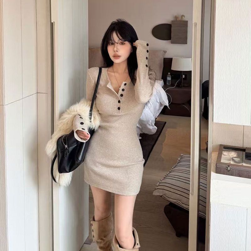 Robes en tricot moulantes pour - Bodycon Long Sleeve Ribbed Dress avis et prix