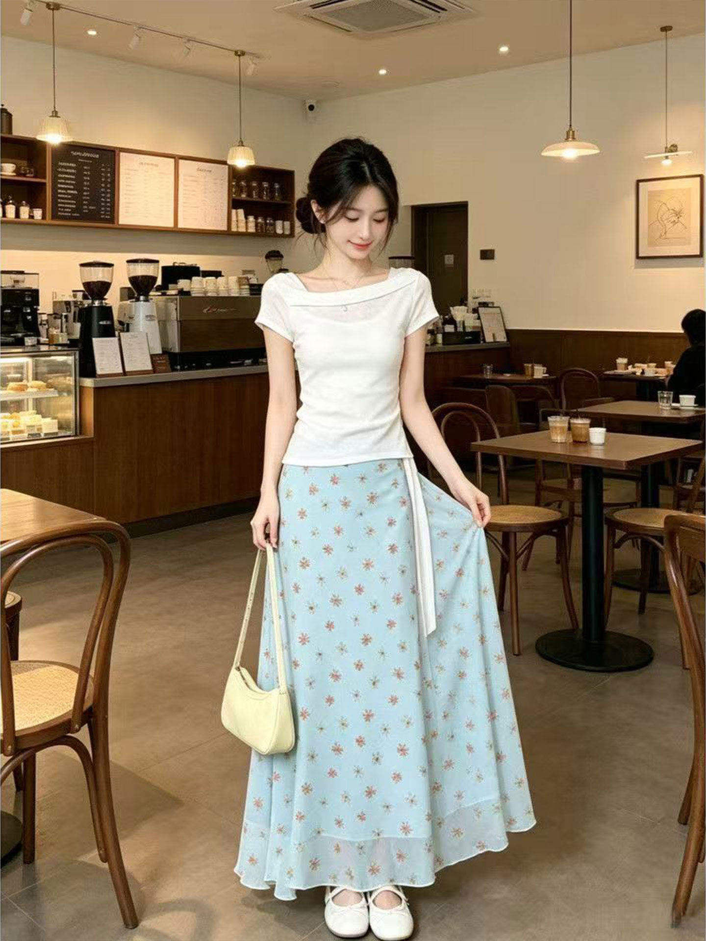 Ensemble jupe mi-longue floral - Korean Style A Line Shirt Dress avis et prix