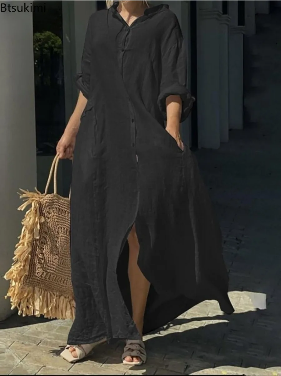 Robe longue décontractée en co - Casual Loose Linen Shirt Dress avis et prix