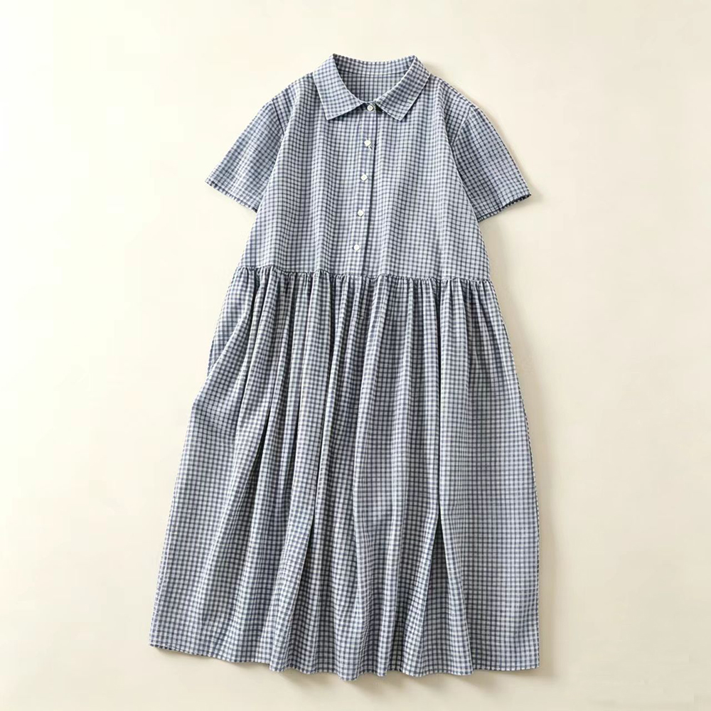 Robe midi à col bleu à carreau - Casual Loose Linen Shirt Dress avis et prix