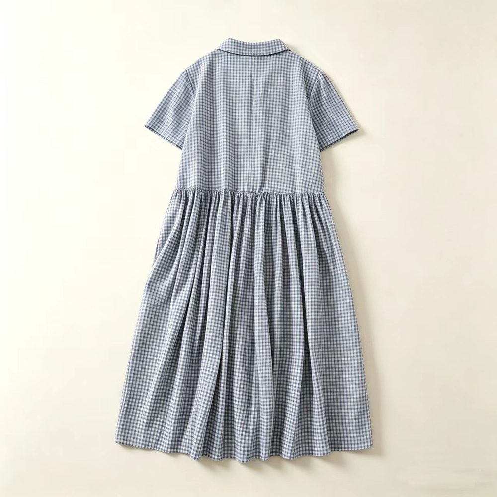 Robe midi à col bleu à carreau - Casual Loose Linen Shirt Dress avis et prix