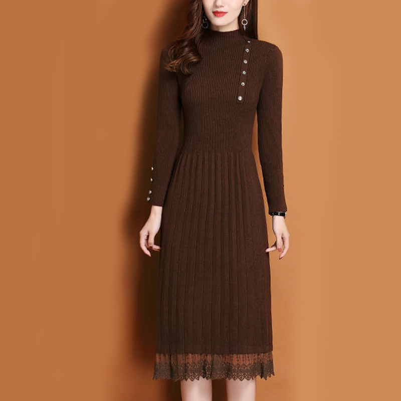 Dentelle ourlet boutons femmes - Bodycon Long Sleeve Ribbed Dress avis et prix