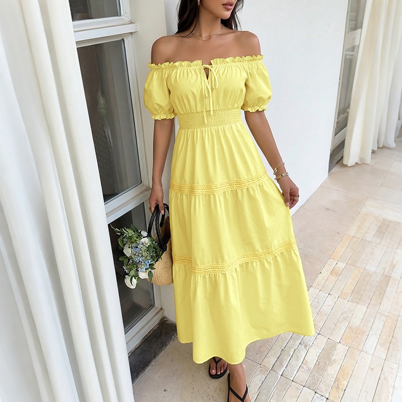 Robe longue d'été bohème jaune - Off Shoulder Puff Sleeve Sundress avis et prix
