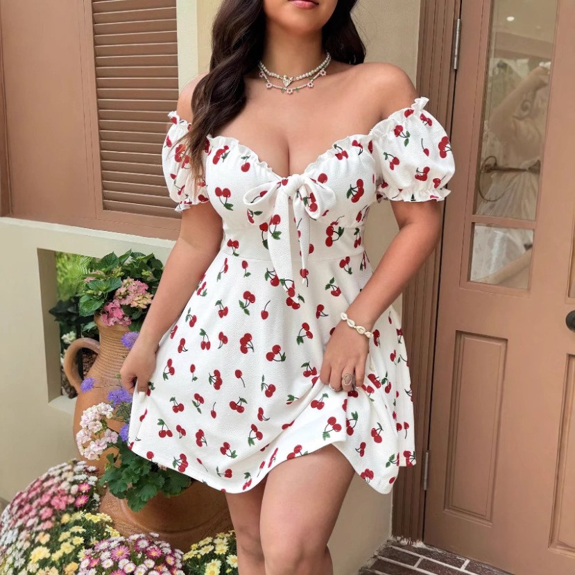 Robe d'été pour femme à imprim - Off Shoulder Puff Sleeve Sundress avis et prix