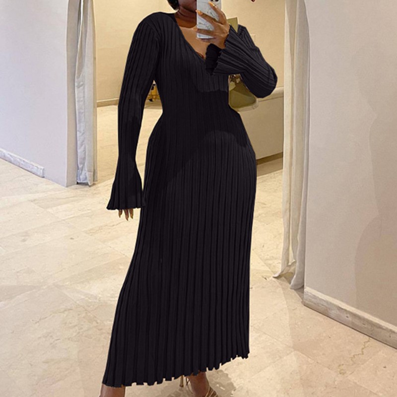 Femme automne col en v jupe en - Bodycon Long Sleeve Ribbed Dress avis et prix