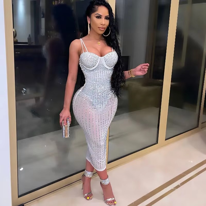 Robe de soirée transparente en - Sparkly Rhinestone Club Party Dress avis et prix