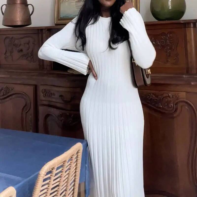 Robe longue moulante élégante  - Bodycon Long Sleeve Ribbed Dress avis et prix